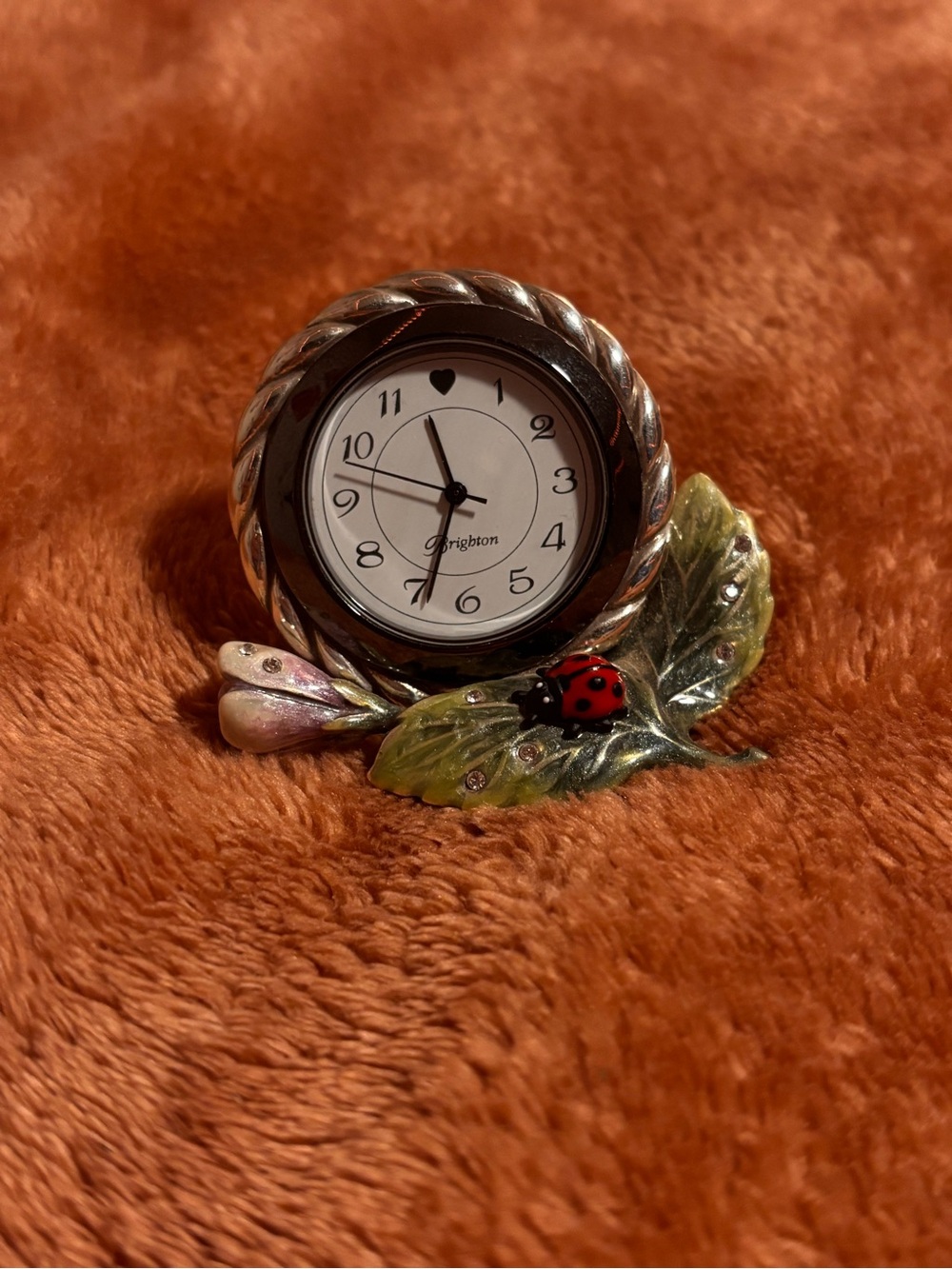 Brighton marvels ladybug flower mini desk clock crystals silver enamel